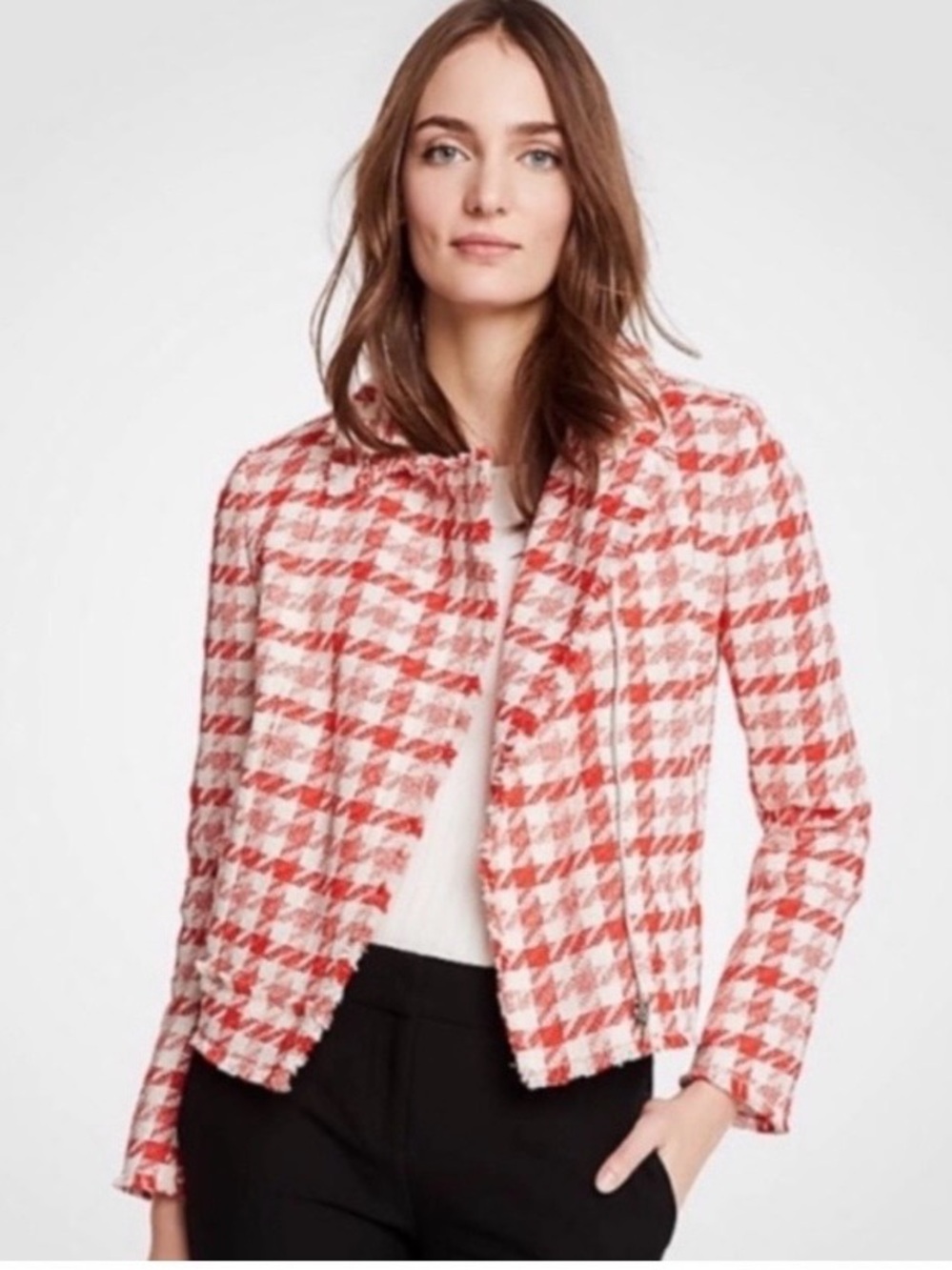 Ann Taylor NWT Red and White Houndstooth Moto Jacket Small